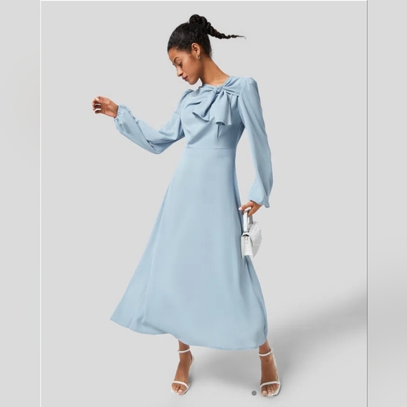 🛍HALARA Tie Neck Puff Long Sleeve Back Zipper Flowy Midi Work Dress,Large - Picture 2 of 16